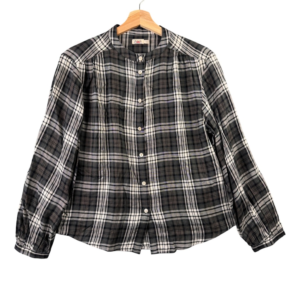 Faherty Womens XS Gray Plaid Modal Linen Band‎ Collar Button Down Blouse WTF2401